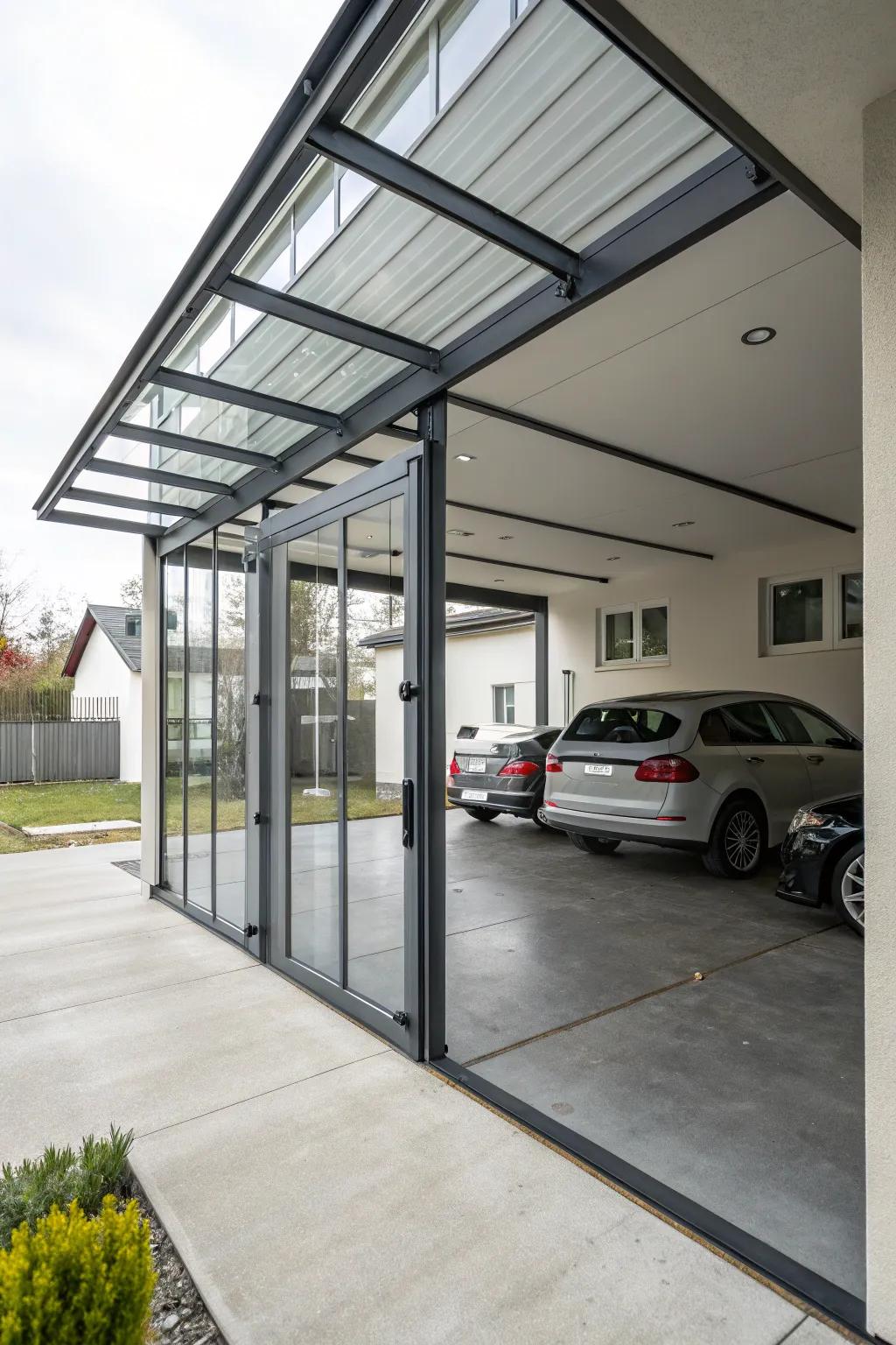 Carport showcasing a blend of glass and metal doors, delivering a polished industrial look.