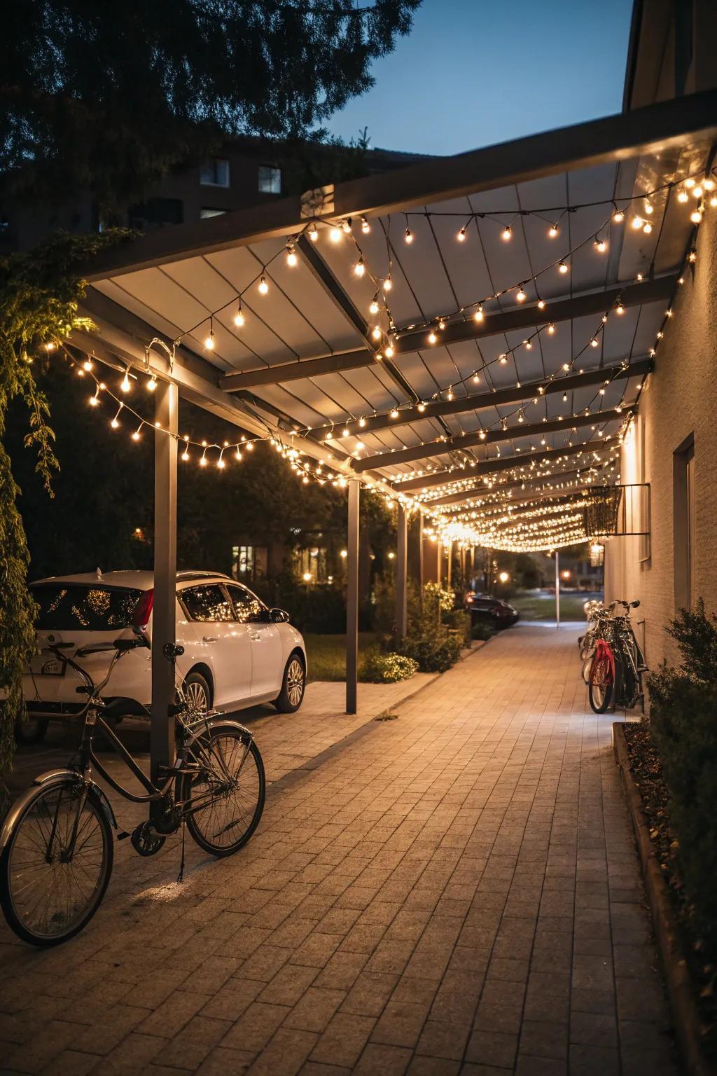 Fairy lights contribute a hint of enchantment to your carport.