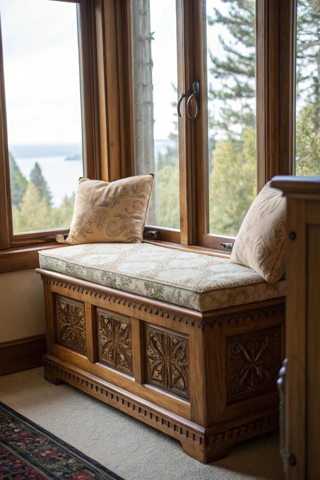 A cushioned cedar chest transforms into the ultimate window seat.