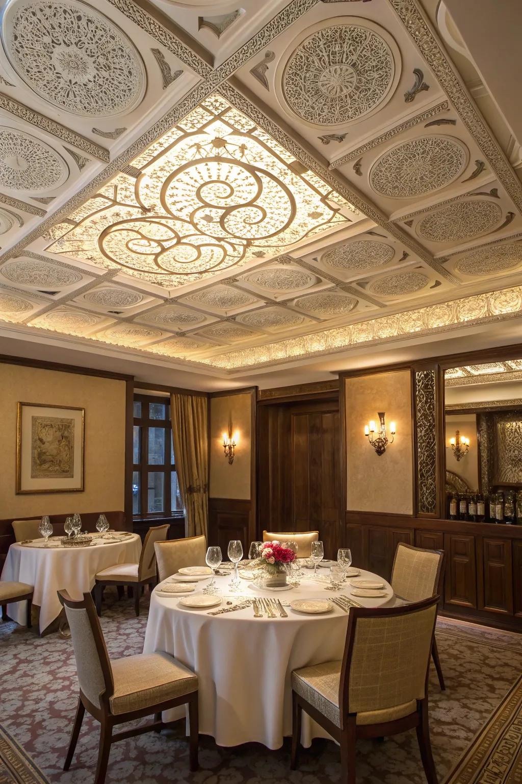 Intricate ceiling patterns add elegance to any dining room.