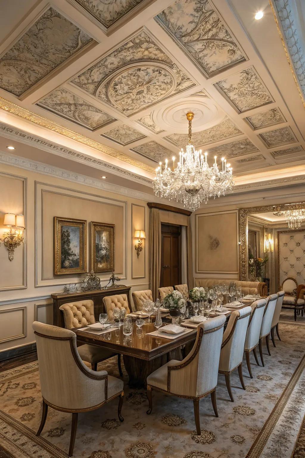 Coffered ceilings offer elegance and structure.