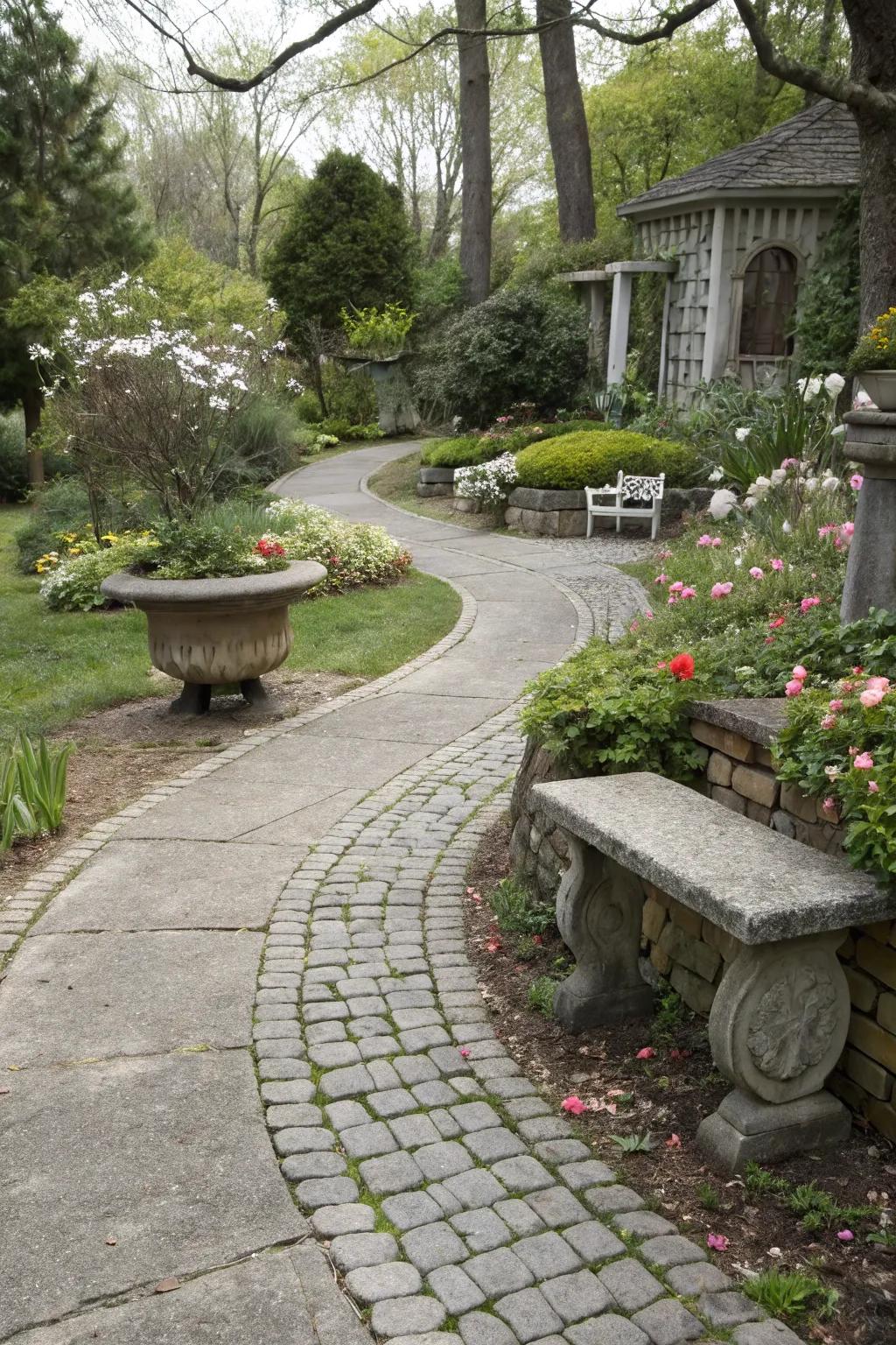 A concrete pathway featuring a vintage stone surface pattern, delivering timeless appeal.