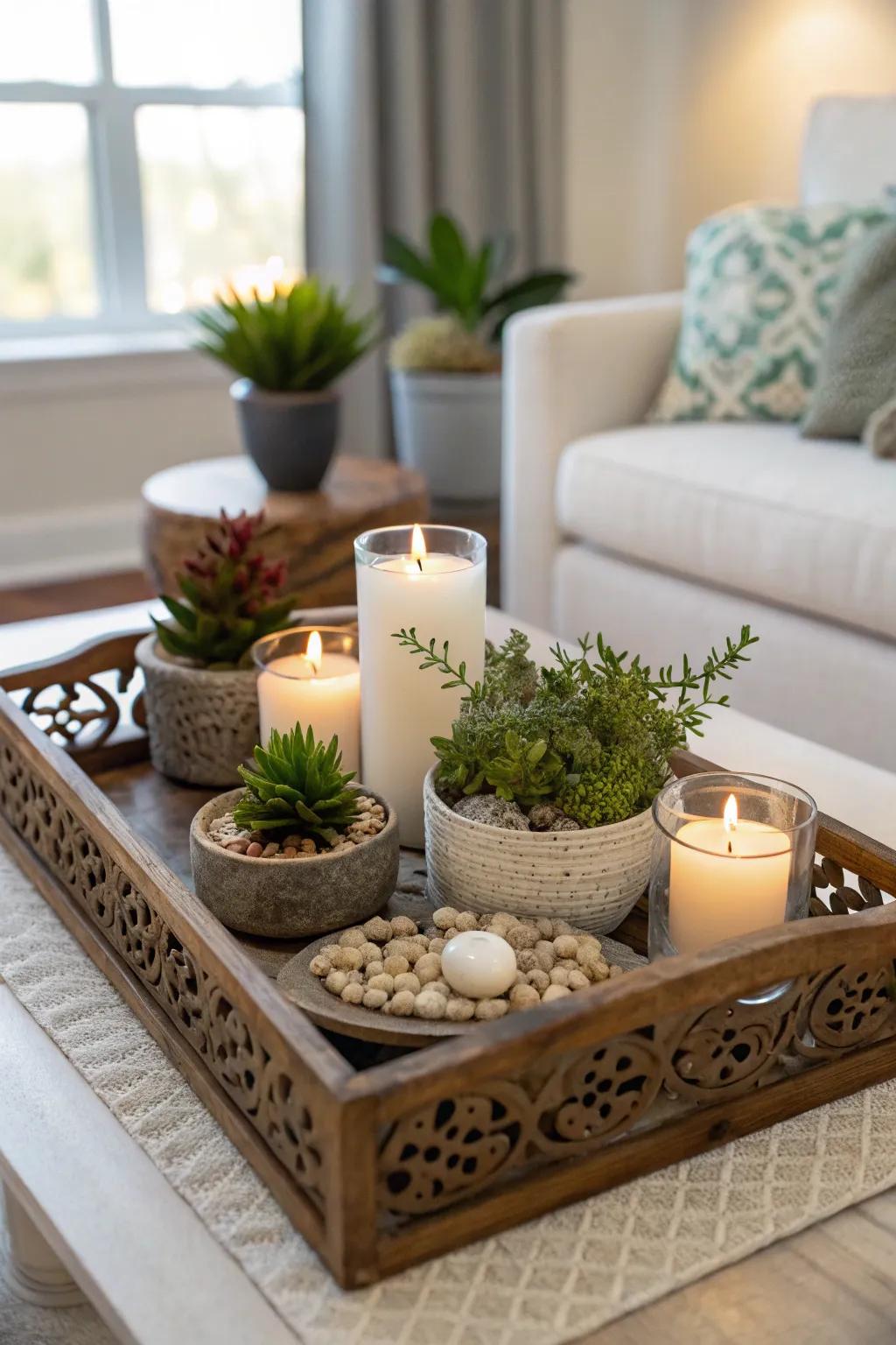 A platter neatly organizes decor elements with grace.