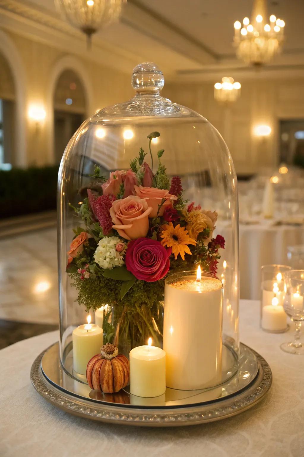Elegant crystal enclosure centerpiece exhibiting delicate florals.