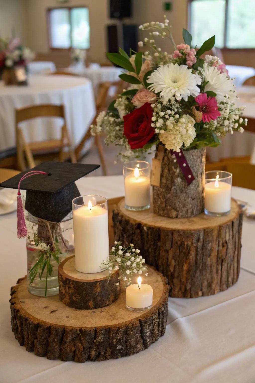 Natural wood slices offer a charming foundation for centerpieces.