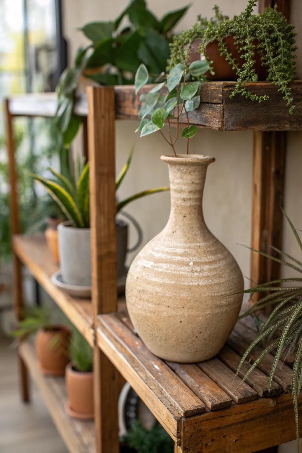 A rustic ceramic vase featuring a natural clay finish adds warmth to the space.