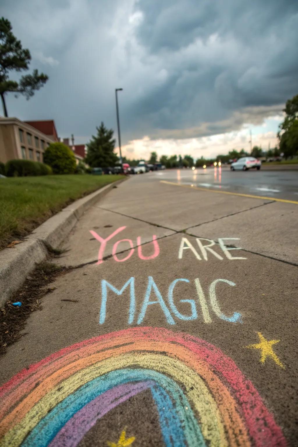 A vibrant chalk rainbow art spreading a cheerful message.