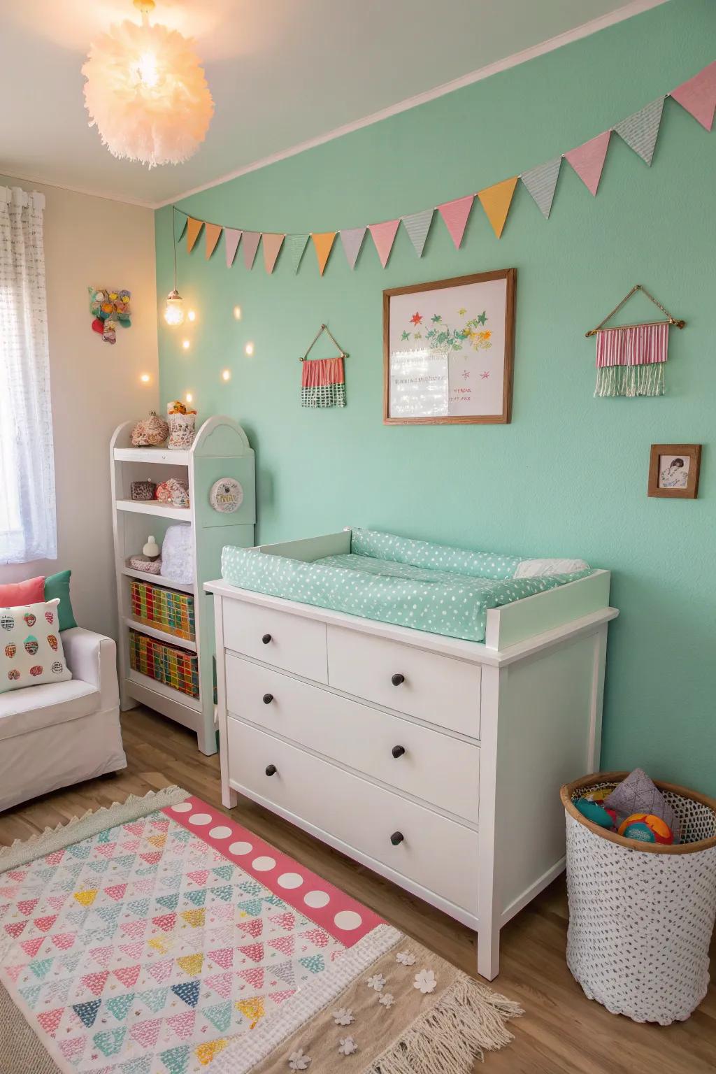 A seafoam-colored wall injects a refreshing burst of hue into the nursery.