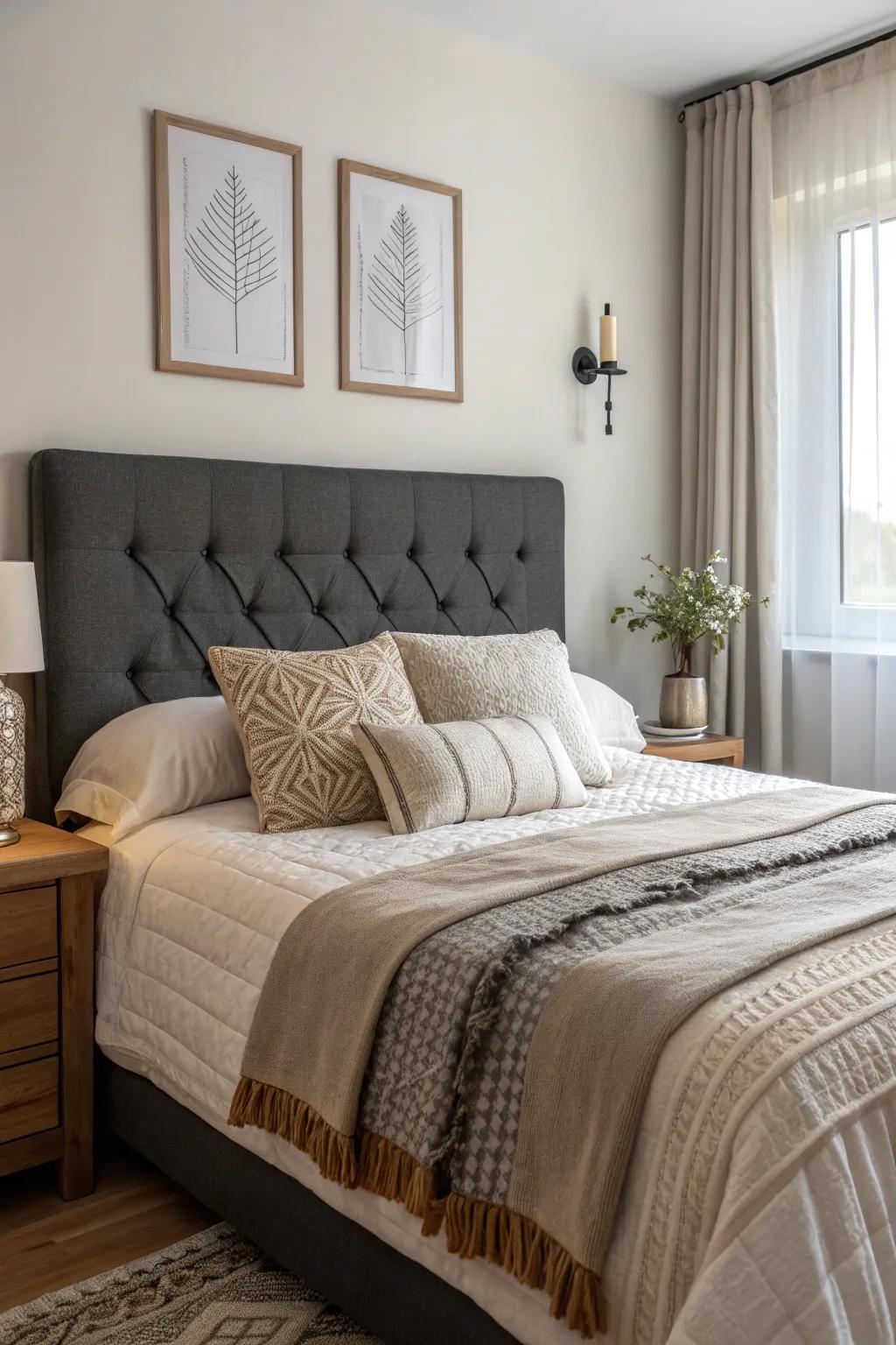 Layered structured bedding imparts depth and coziness to a dark grey headboard.