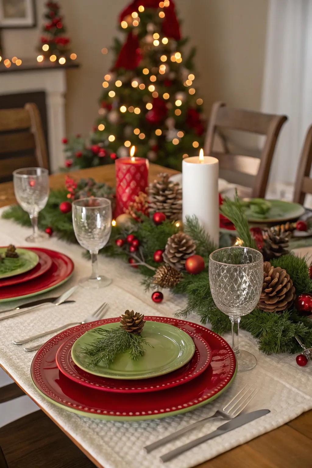 Rich reds and greens craft a warm, inviting holiday table.