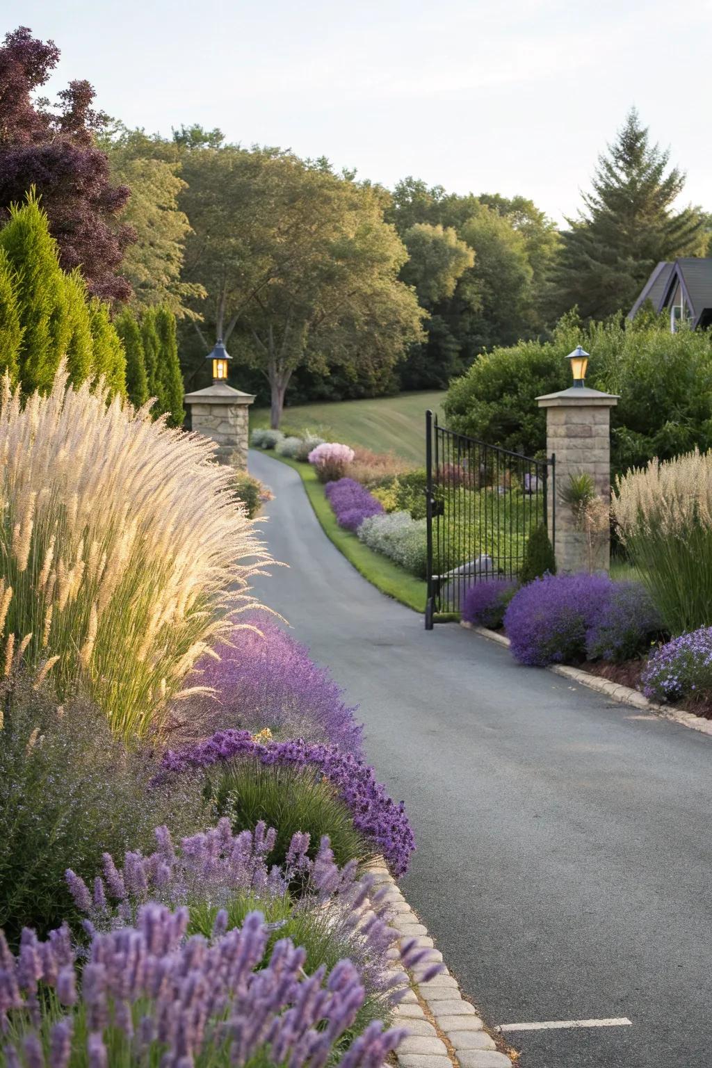 Low-maintenance plants beautifully frame your driveway.