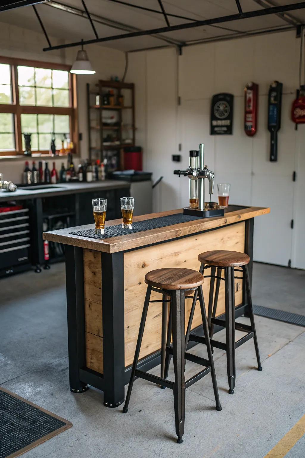 A simple bar setup in the garage invites casual gatherings.