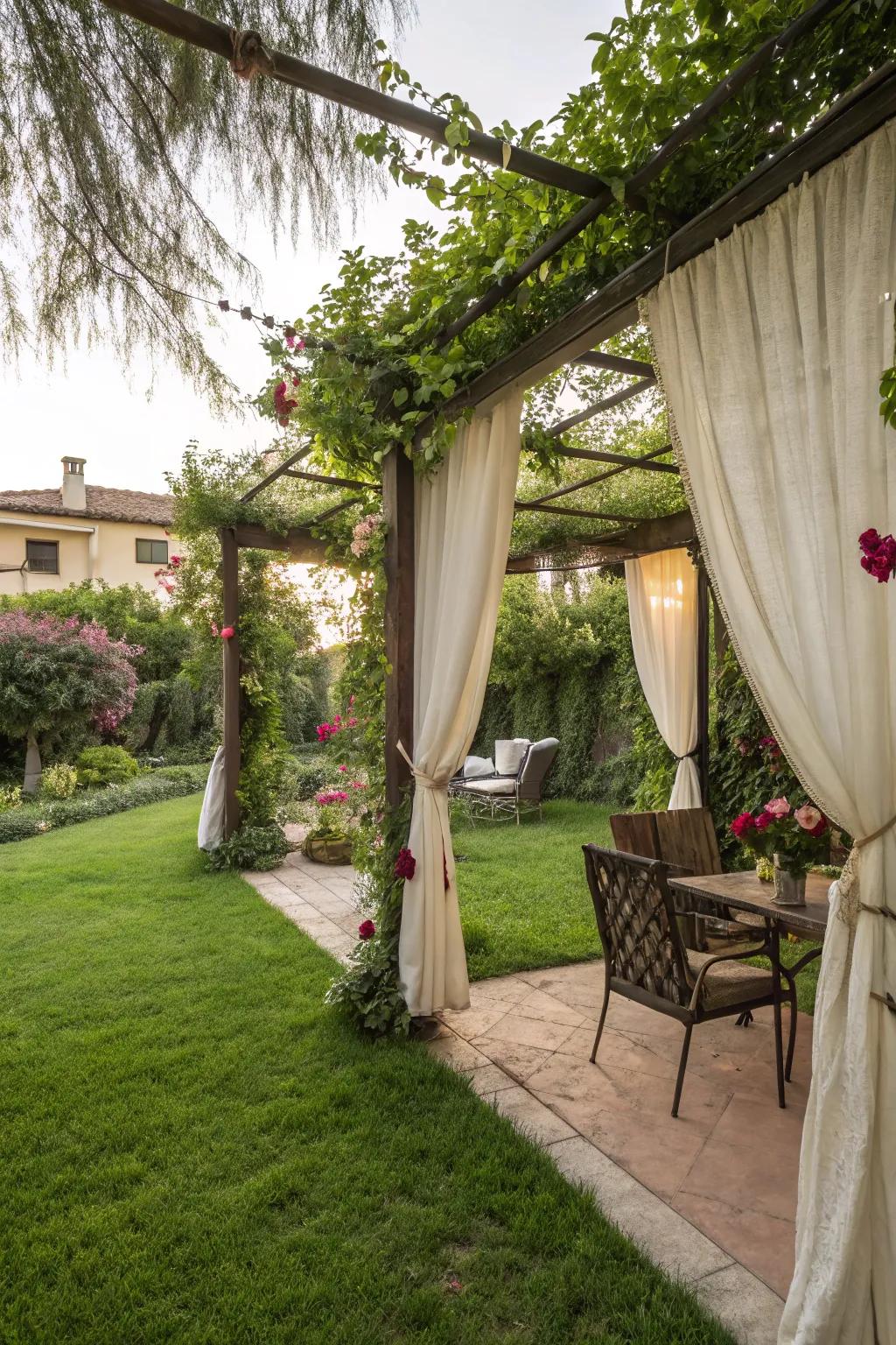 An arbor with textiles offers privacy and allure.