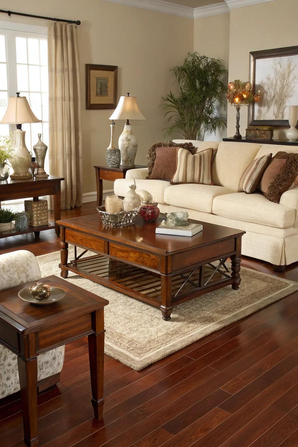 Soft tones accentuate the innate charm of polished redwood floors.