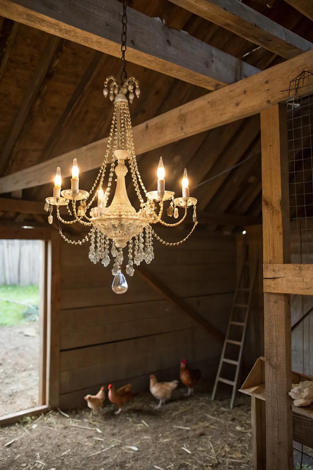 A droplight incorporates a hint of beauty and whimsy to the coop.