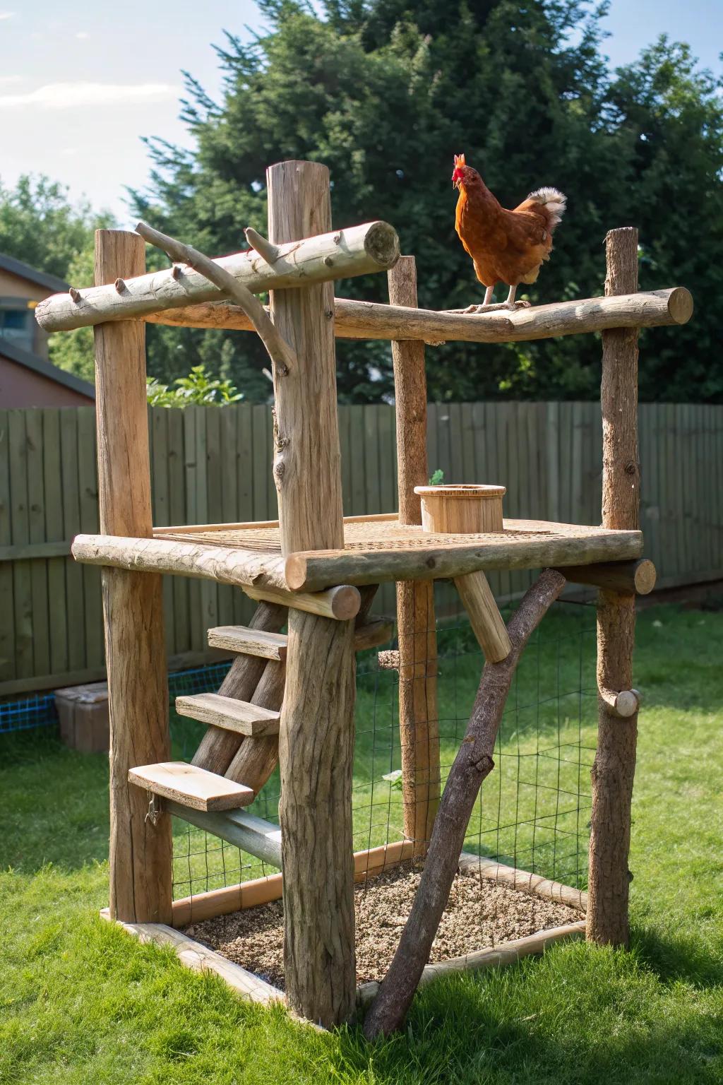 Enhance your chicken space with artisan perches that offer a unique perspective.
