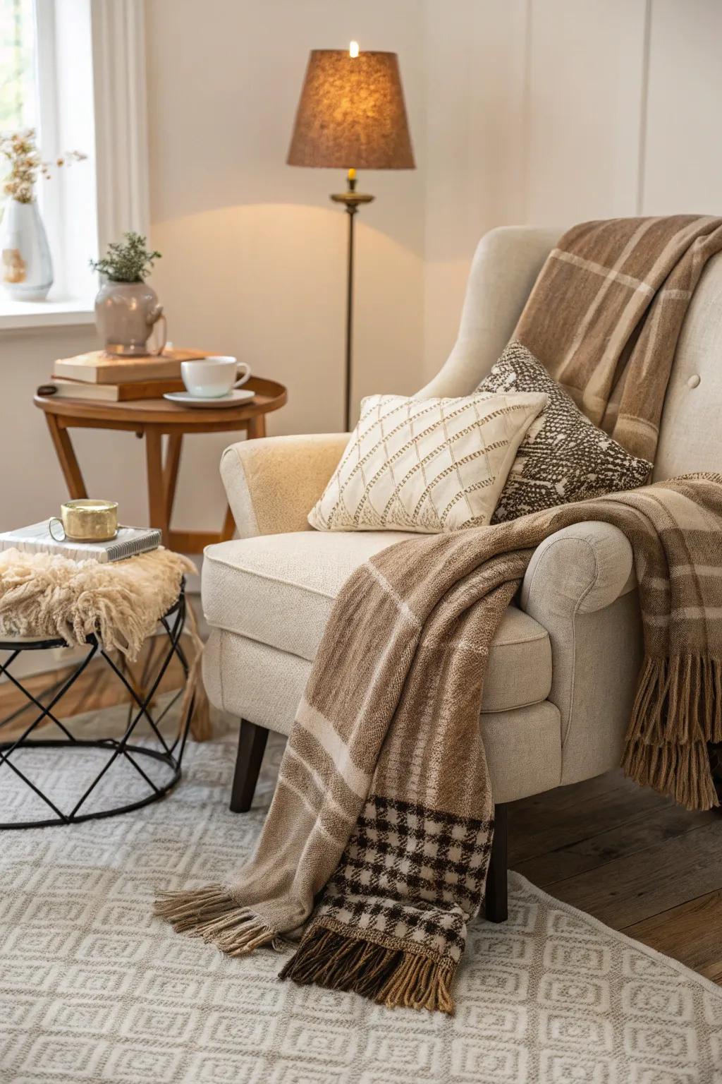 A welcoming seating area with inviting fabrics and throws.