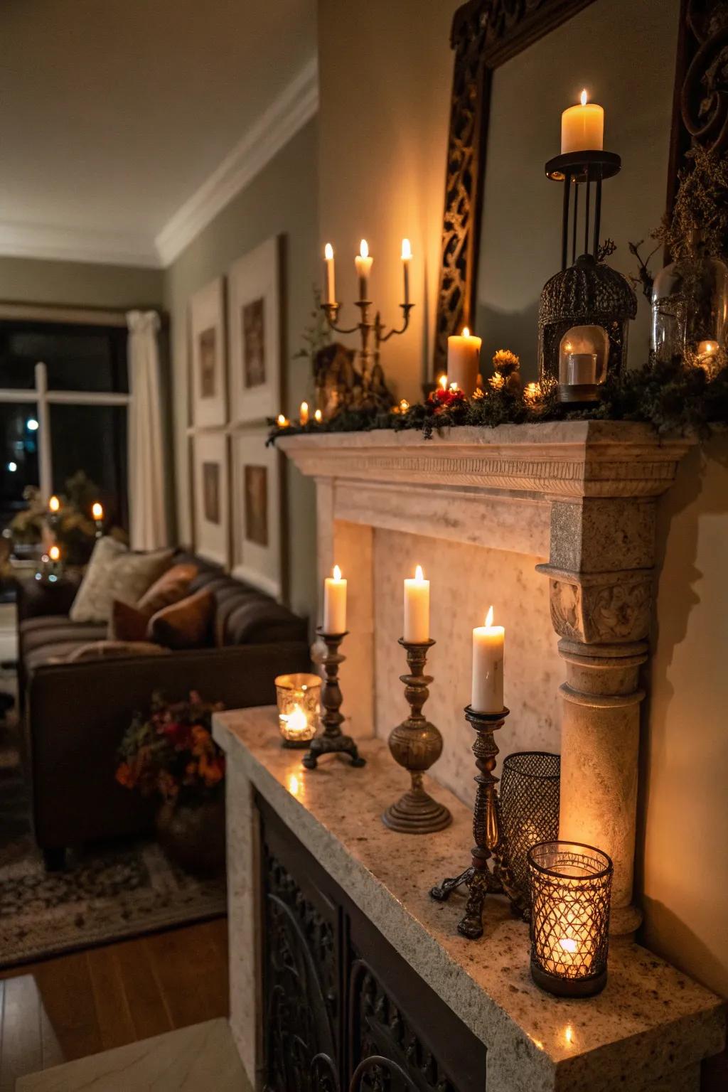 A compilation of illuminants on the mantel fashions an intimate and embracing environment.