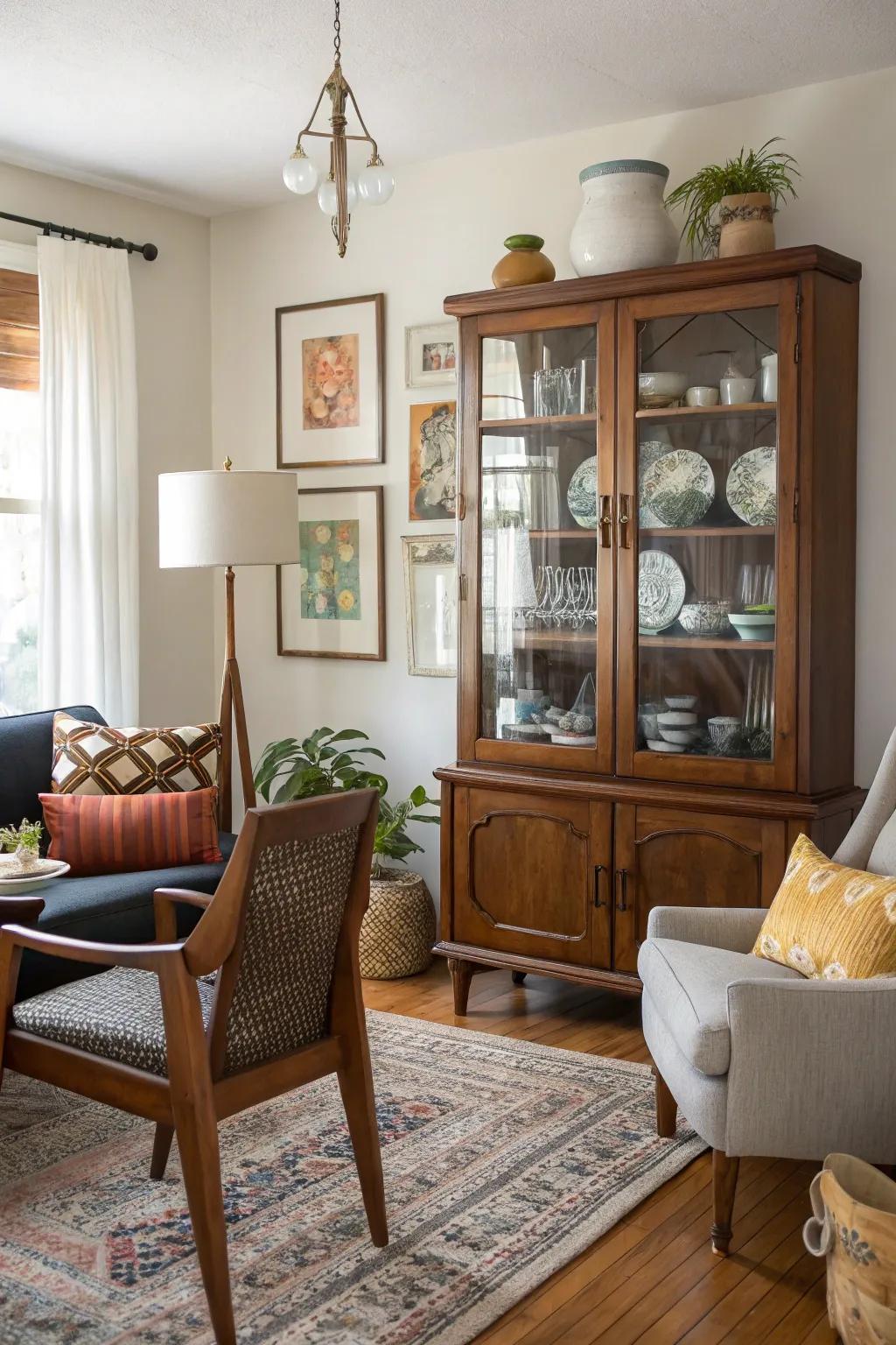 An artistic living space using a display hutch as its focal point.