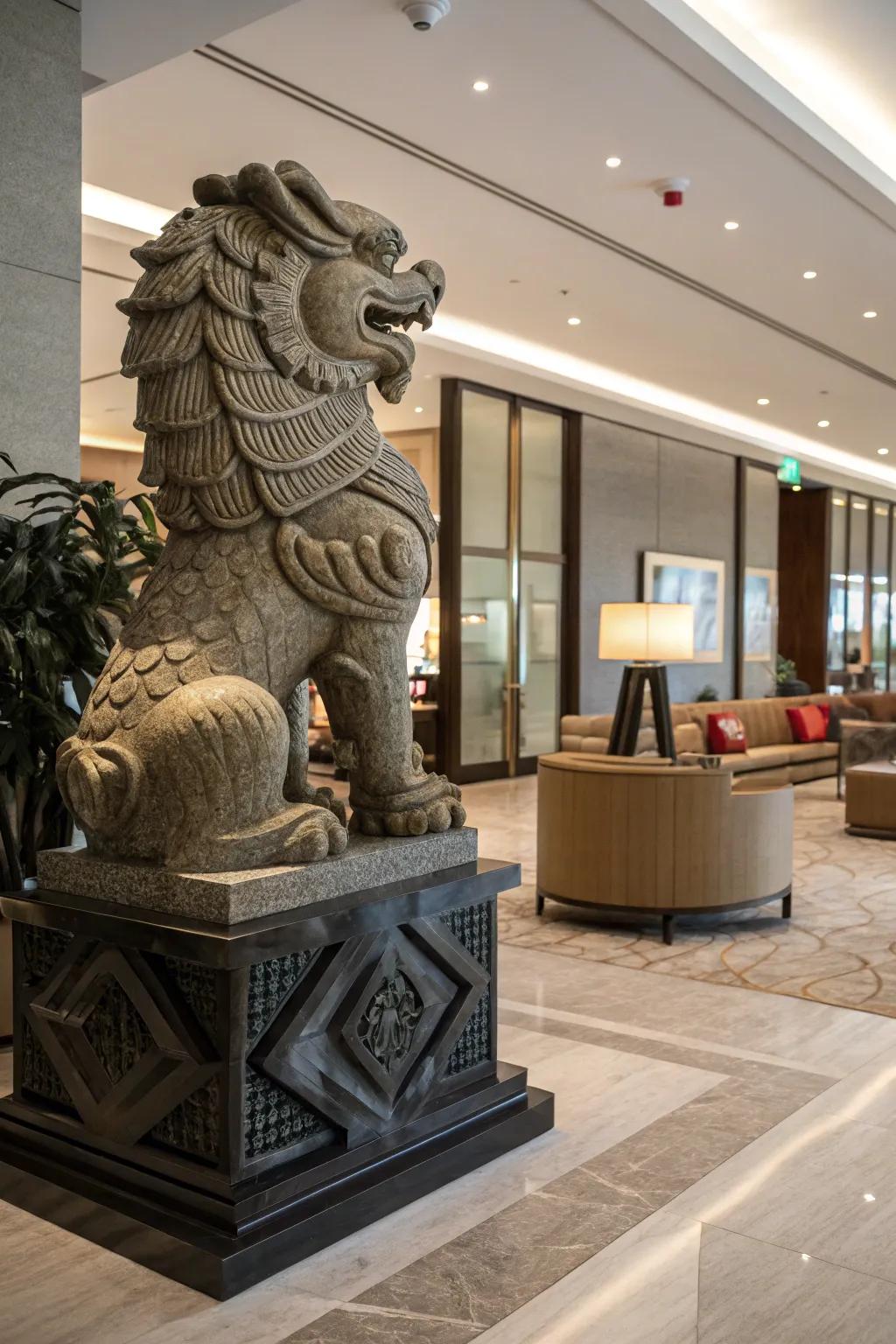 A remarkable Eastern-inspired sculpture functioning as a centerpiece in the entrance.