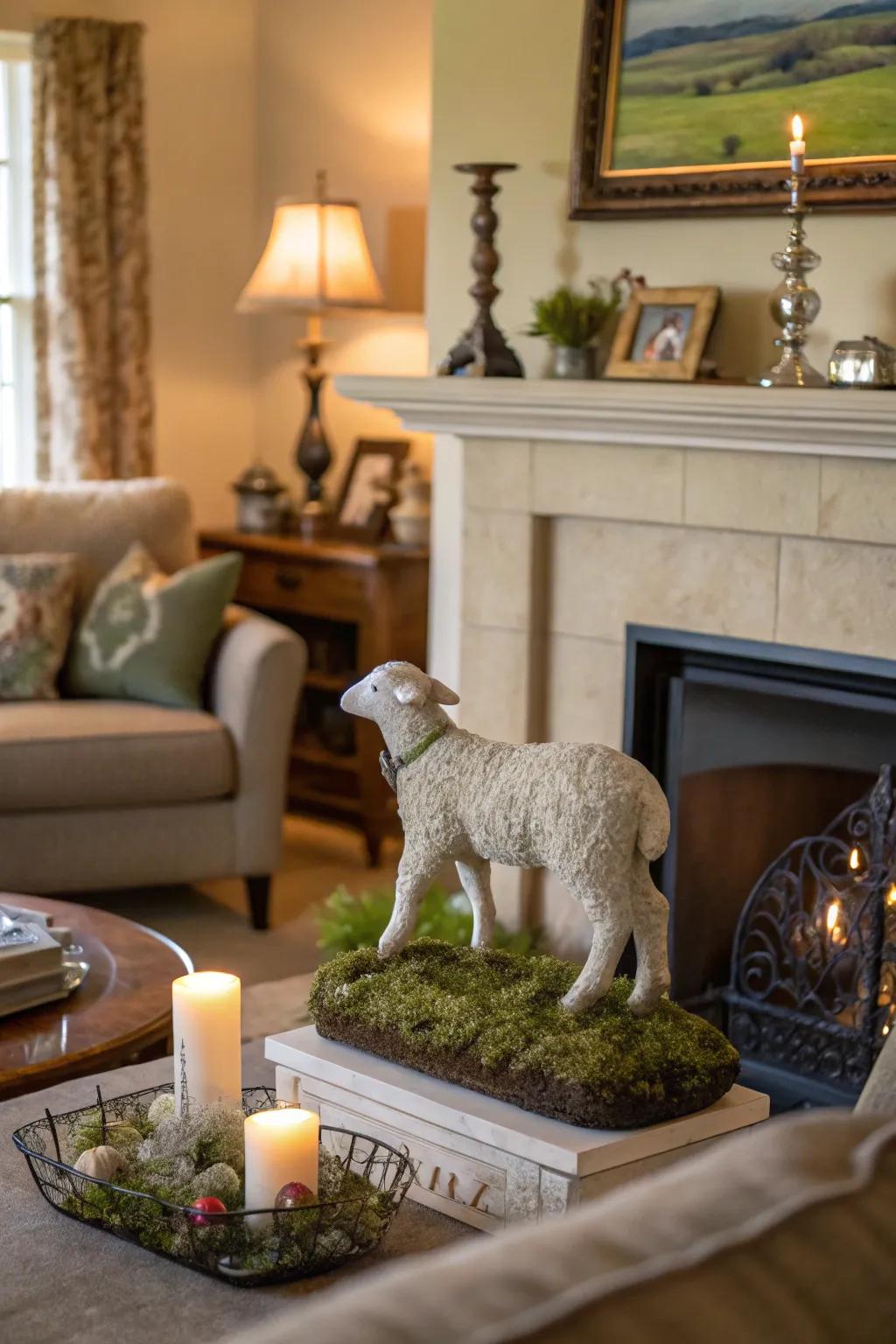 A sculpture showing a lamb in a pasture adds a peaceful essence to your mantel.