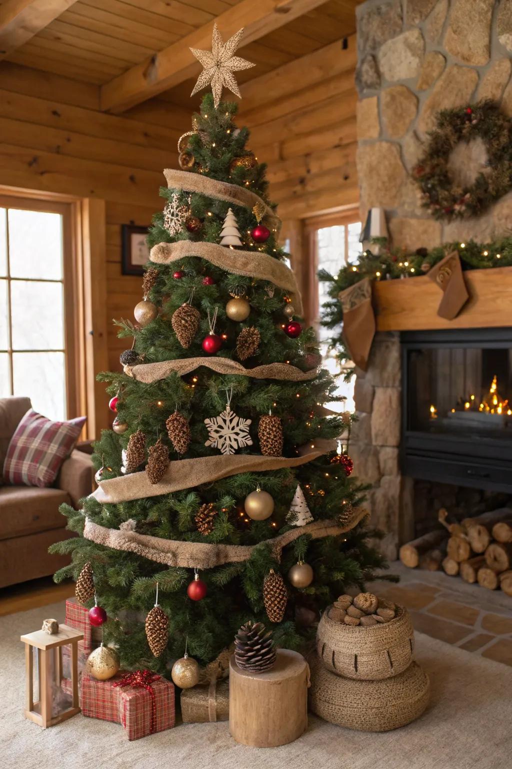 A homespun appeal holiday bauble tree with organic accents and timber highlights.