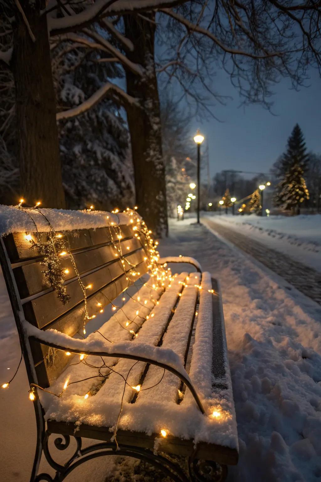 Twinkling lights cast a magical glow, enhancing your bench decor.
