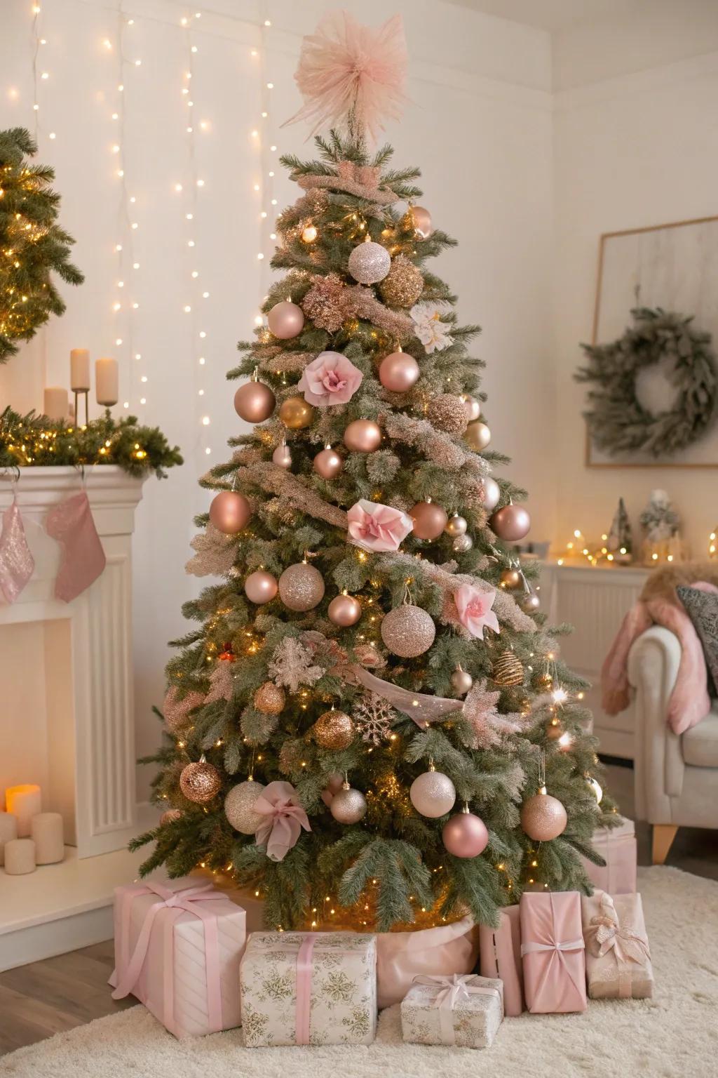 A romantic Christmas tree in delicate ros&eacute; and rose aurum.