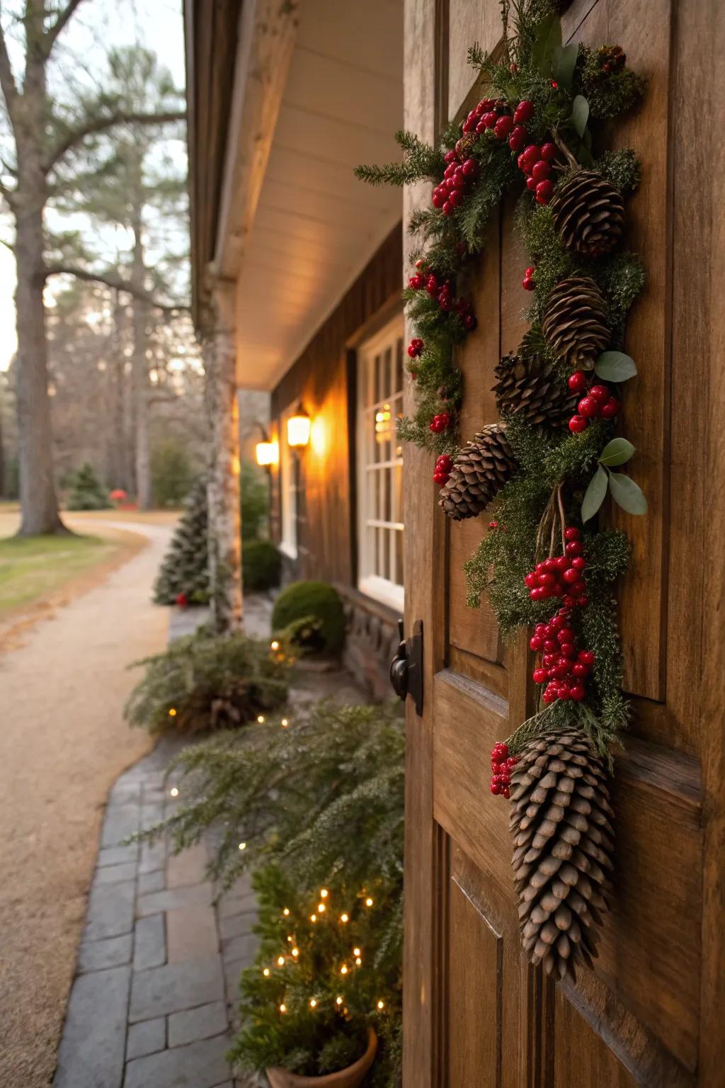 An enchanting pinecone garland delicately frames this front entryway.