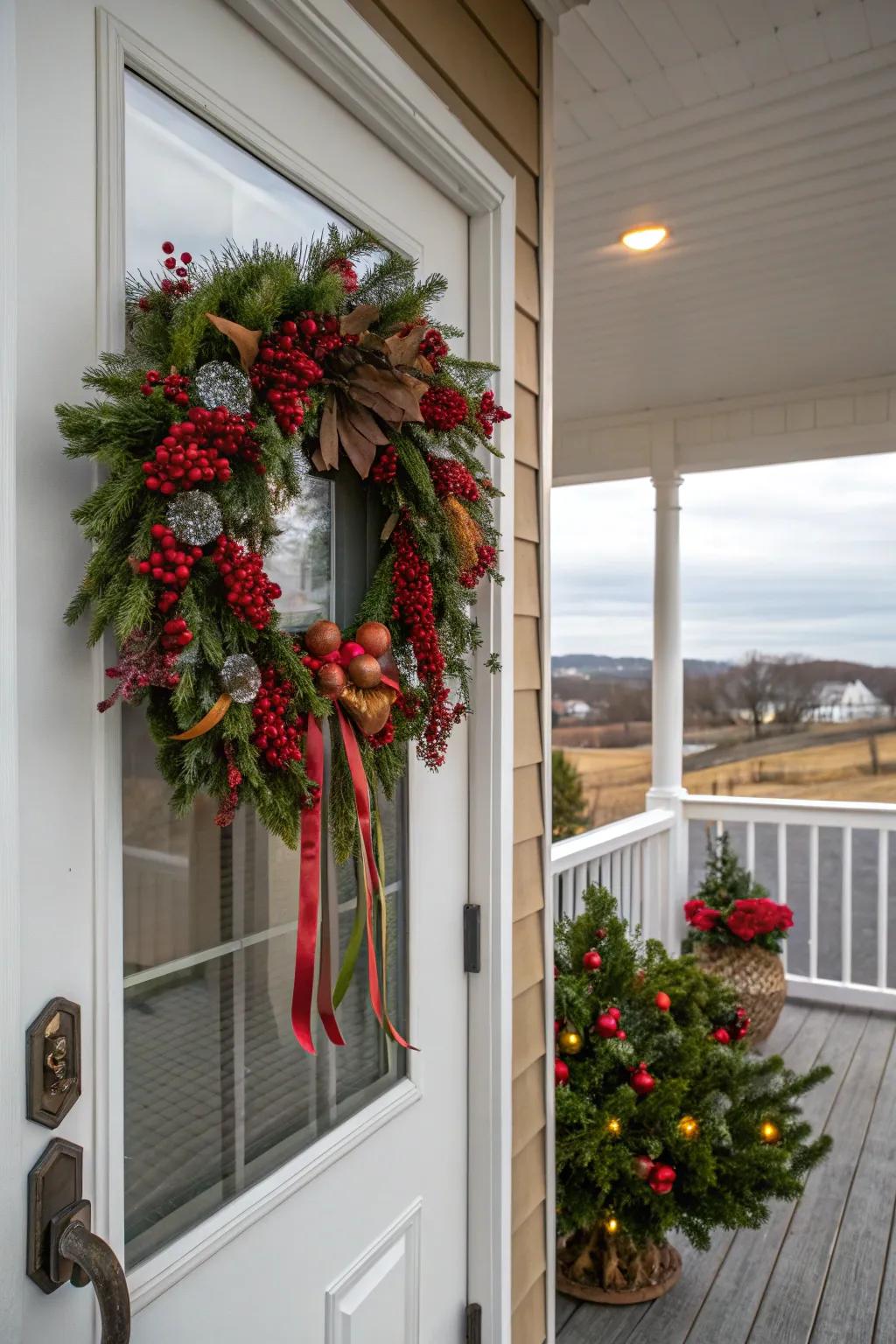 A festive wreath that warmly welcomes visitors.