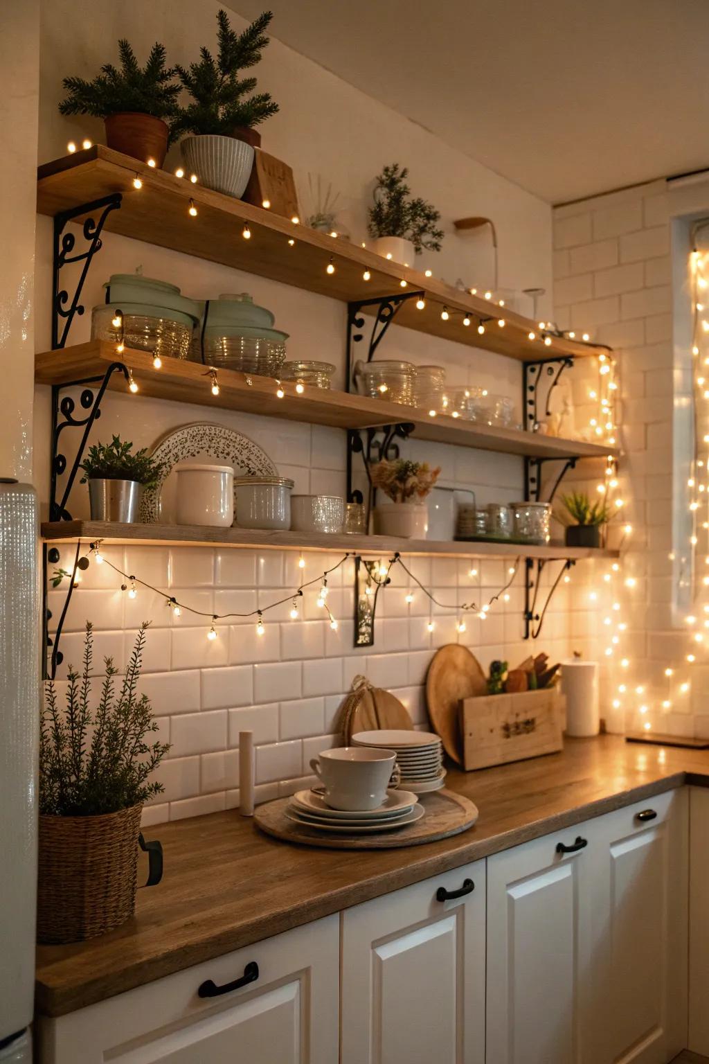 String lights imbue kitchen shelves with a bewitching radiance.