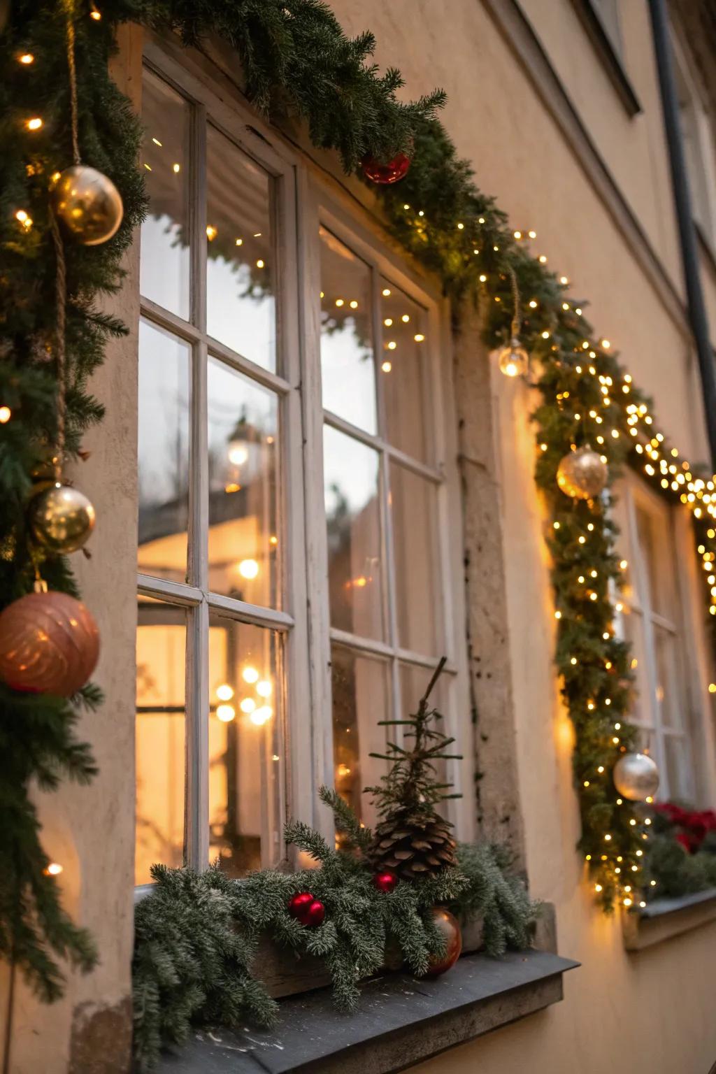 Garlands intertwined with lights create a lush, festive window display.