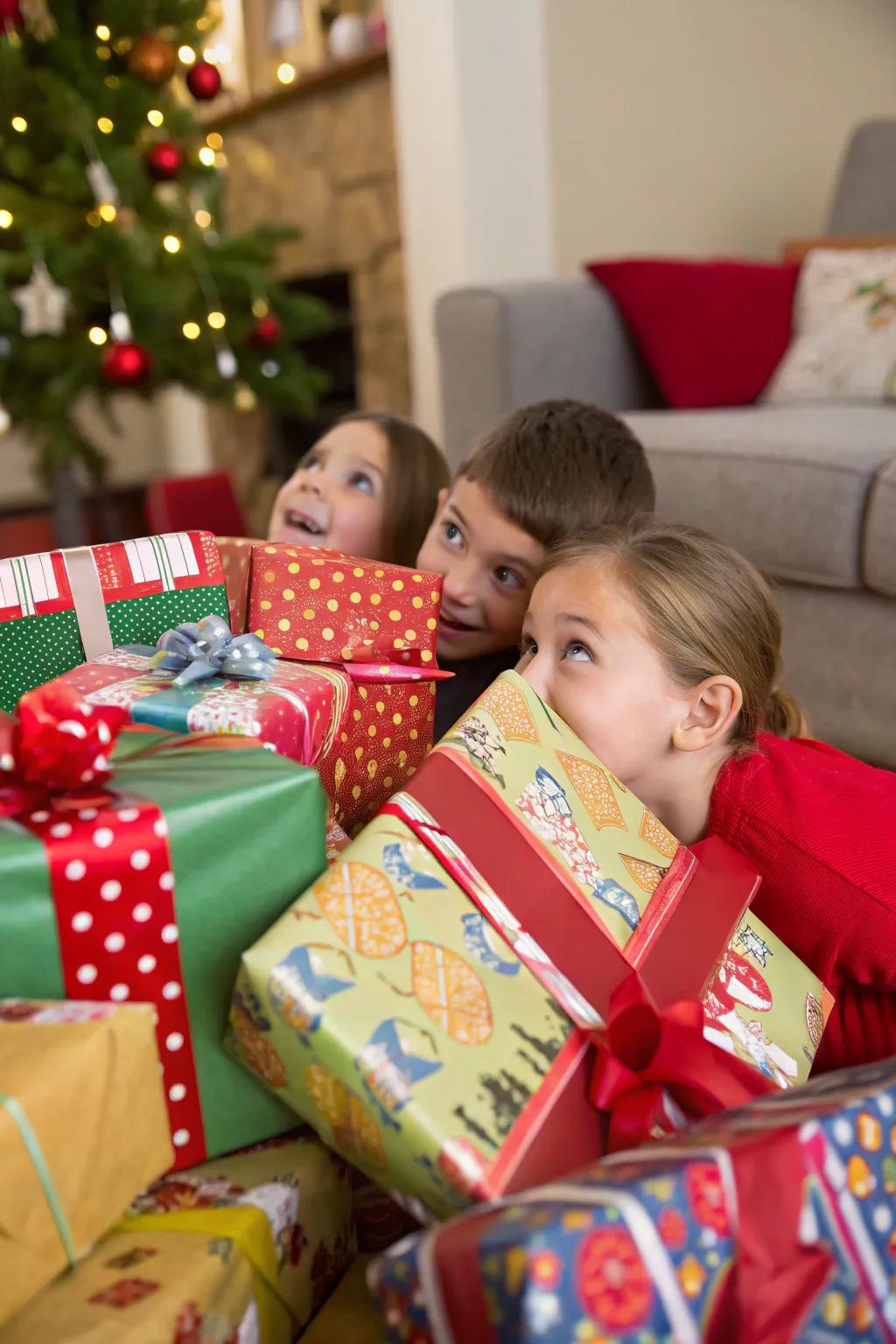 Kids peering through a mound of holiday gifts.