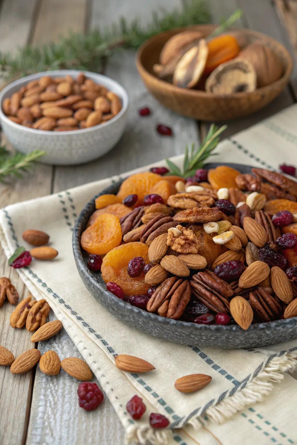 Nuts and dried fruits medley for a festive snack.