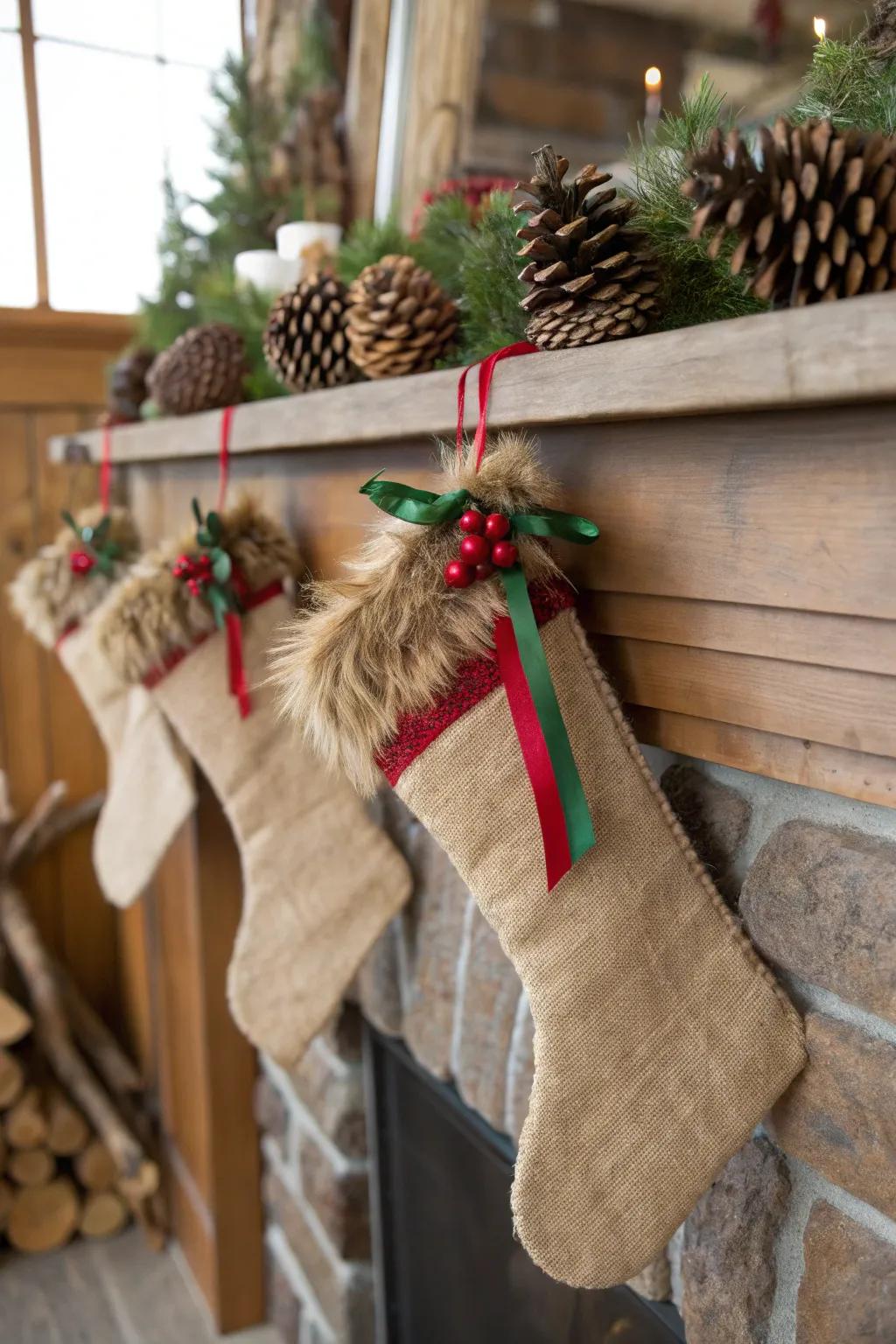 Rustic hemp and plush stockings contribute warmth and feel to your holiday decor.