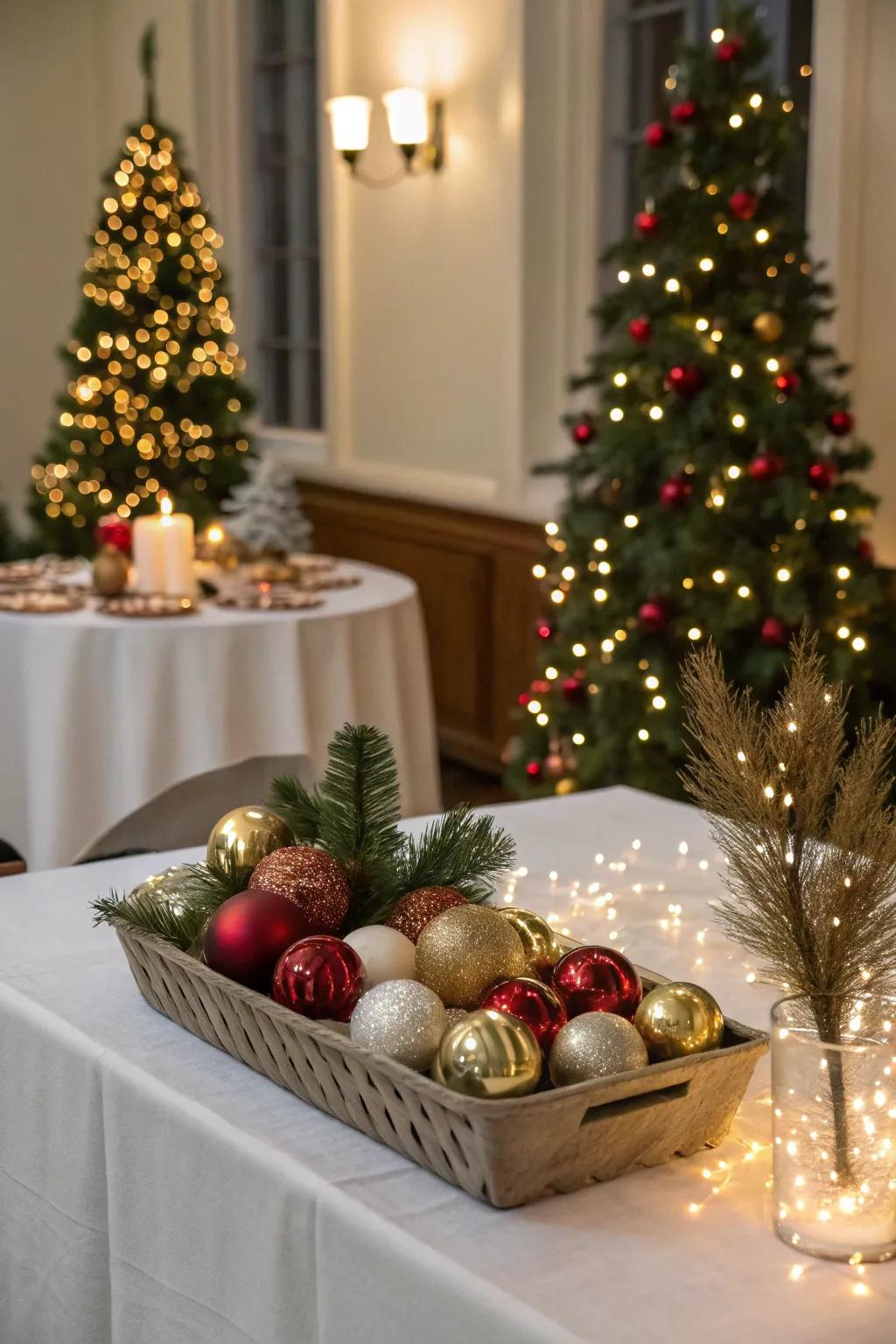 Ornaments sprinkle sparkle throughout the festive tabletop.