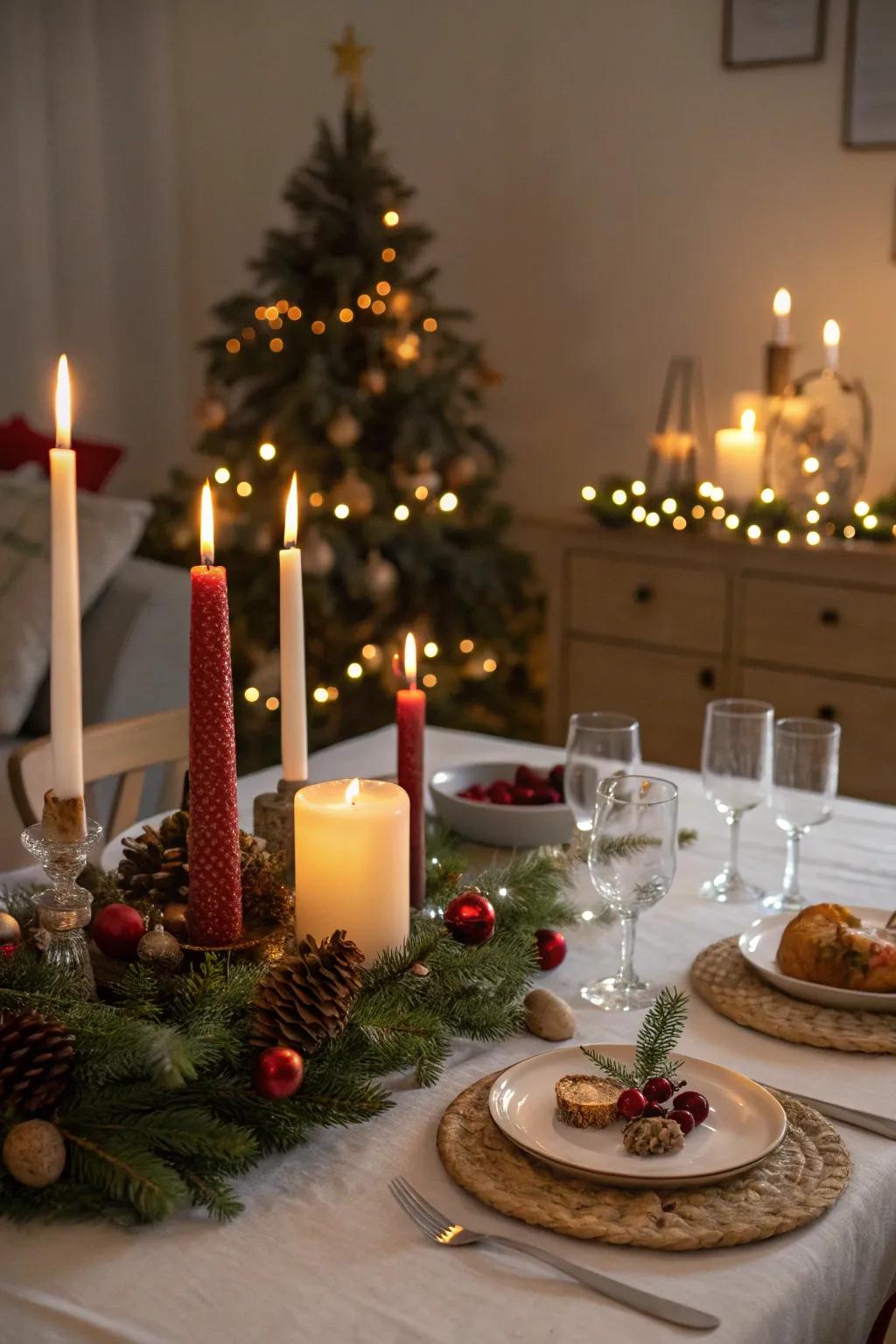 Candles of varying heights contribute warmth and charm to holiday gatherings.