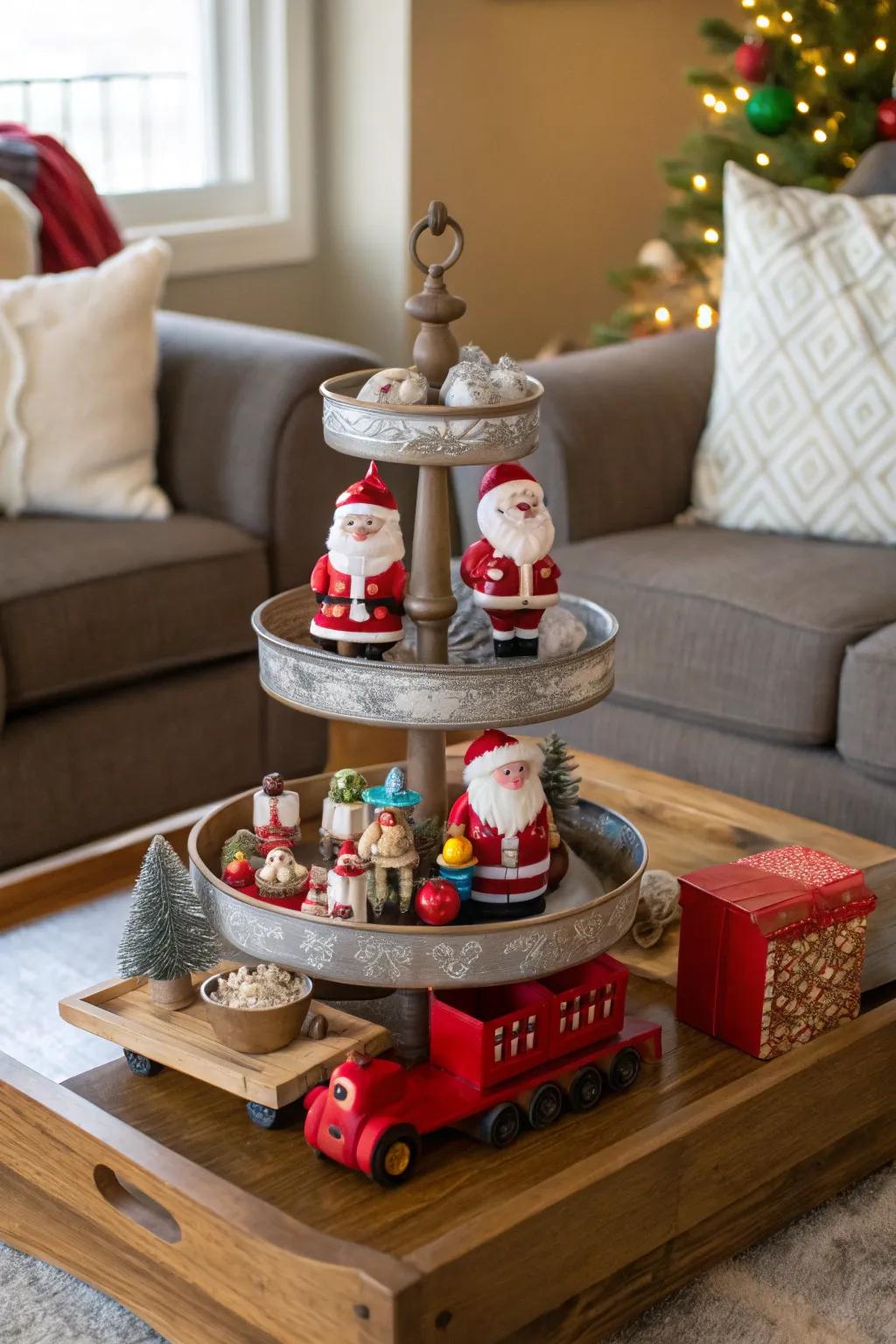 Father Christmas's workshop springs to life on this festive tiered stand.