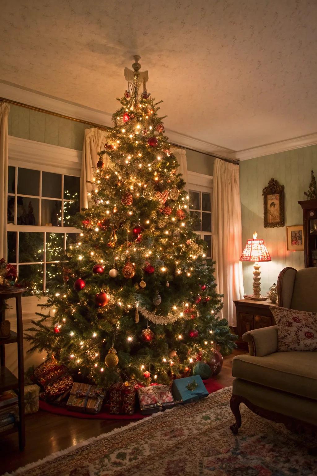 A sentimental Christmas tree showcasing heritage ornaments and colored illuminations, recalling warm holiday memories.
