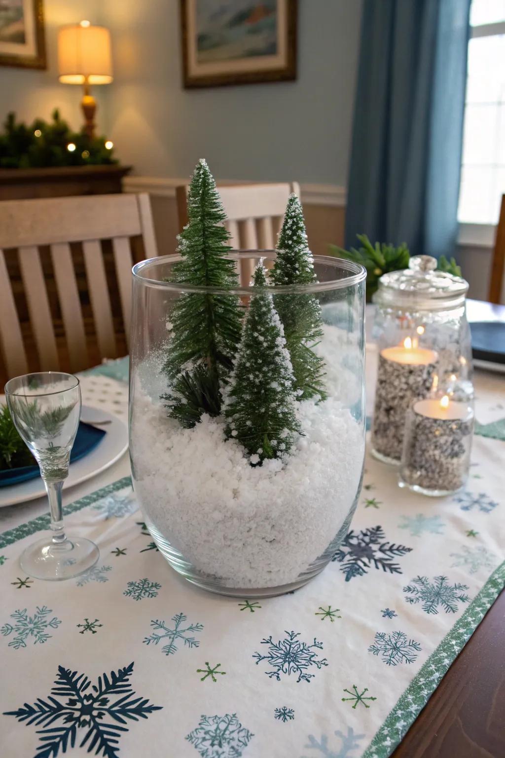 Fanciful winter: imitation snow and miniature trees usher the exterior inside.