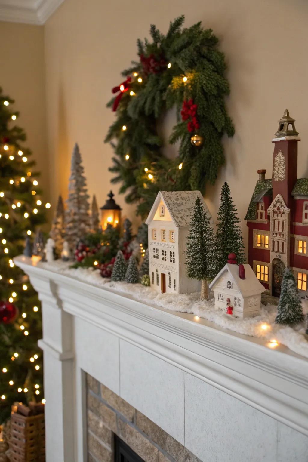 A fireplace mantel evolves into a festive center of attention, showcasing a Christmas village display.