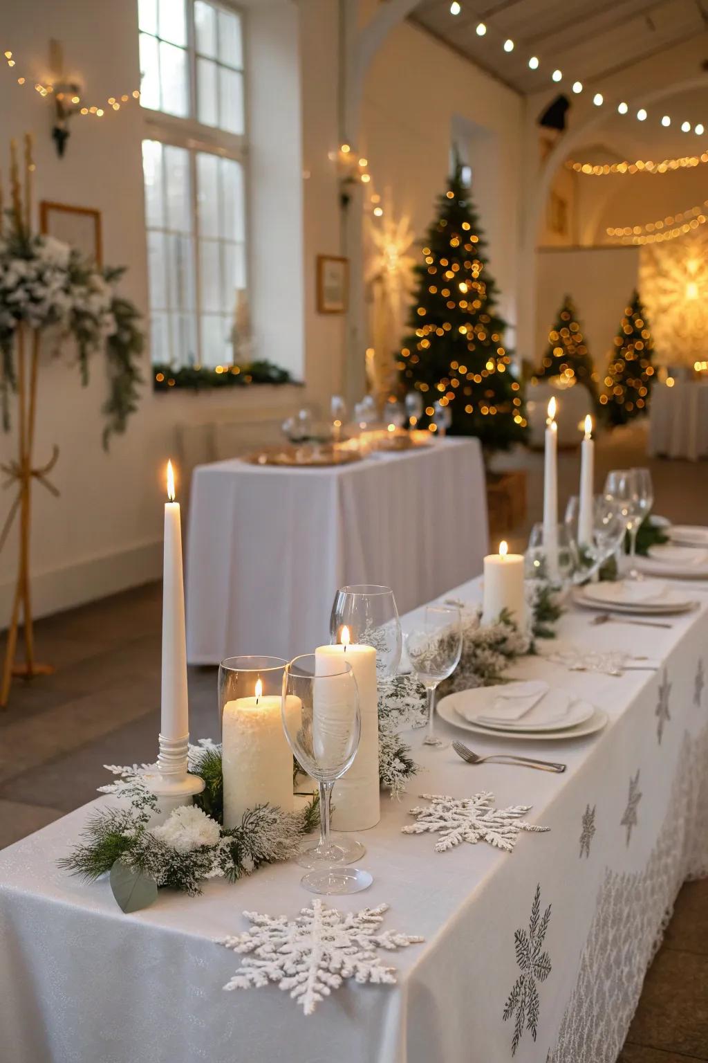 A pristine white winter wonderland table arrangement.