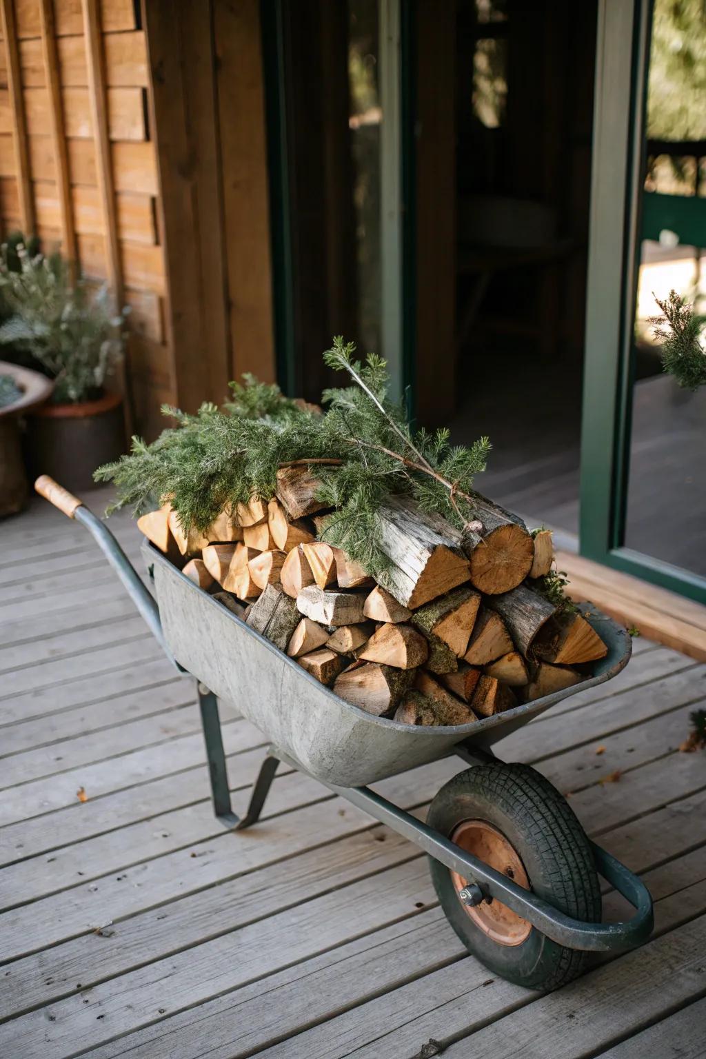 A country arrangement with logs and greenery in a wheelbarrow.