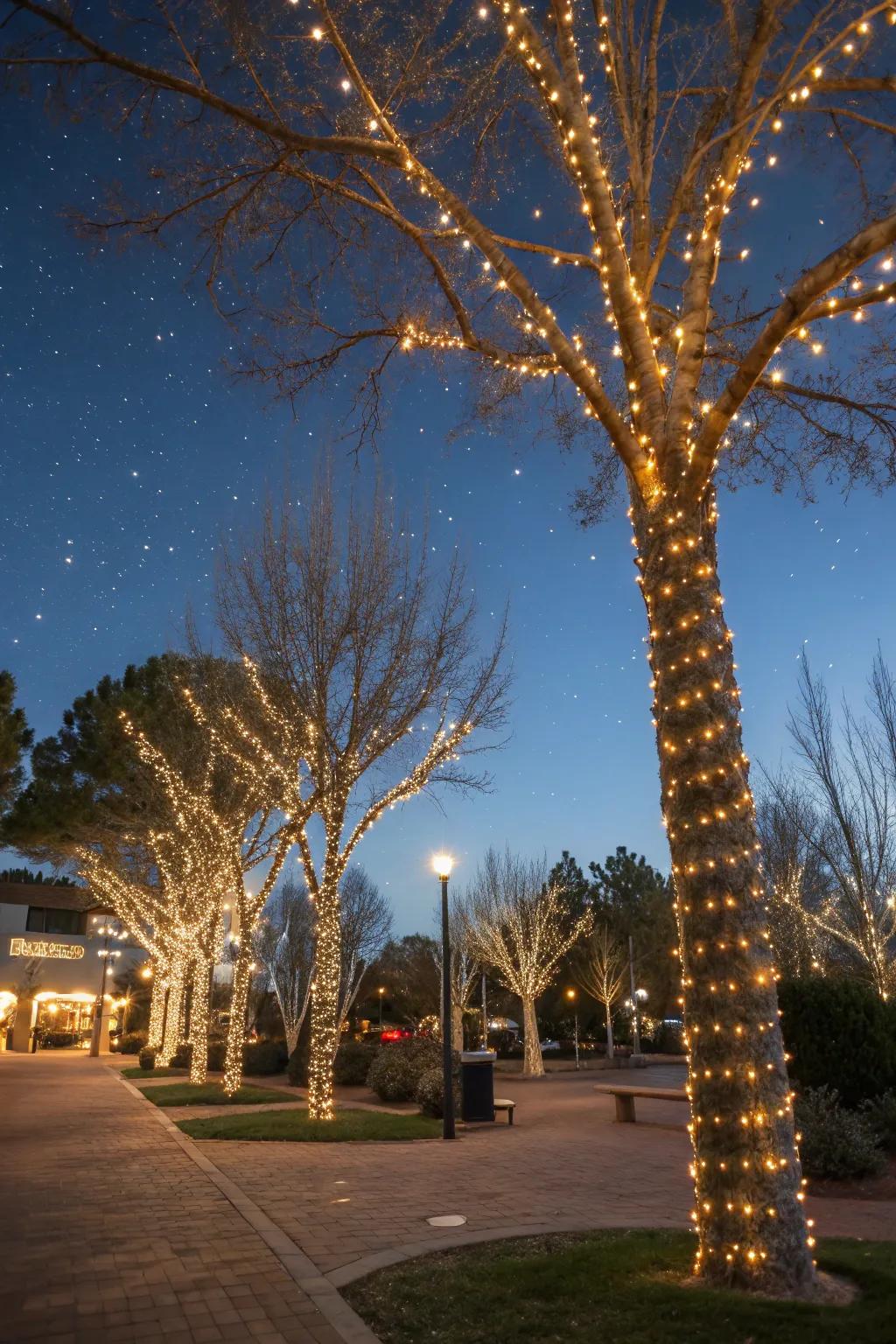 Trees gracefully enveloped with ivory white twinkle strands.