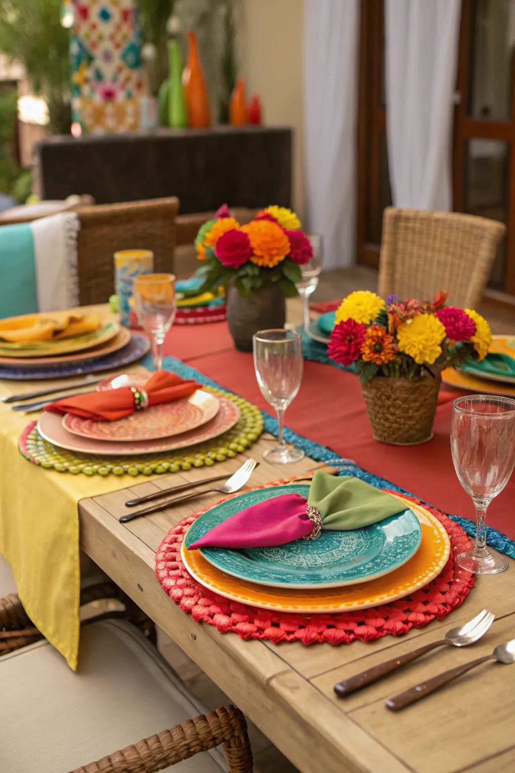 Produce a vibrant table arrangement using radiant tableware.