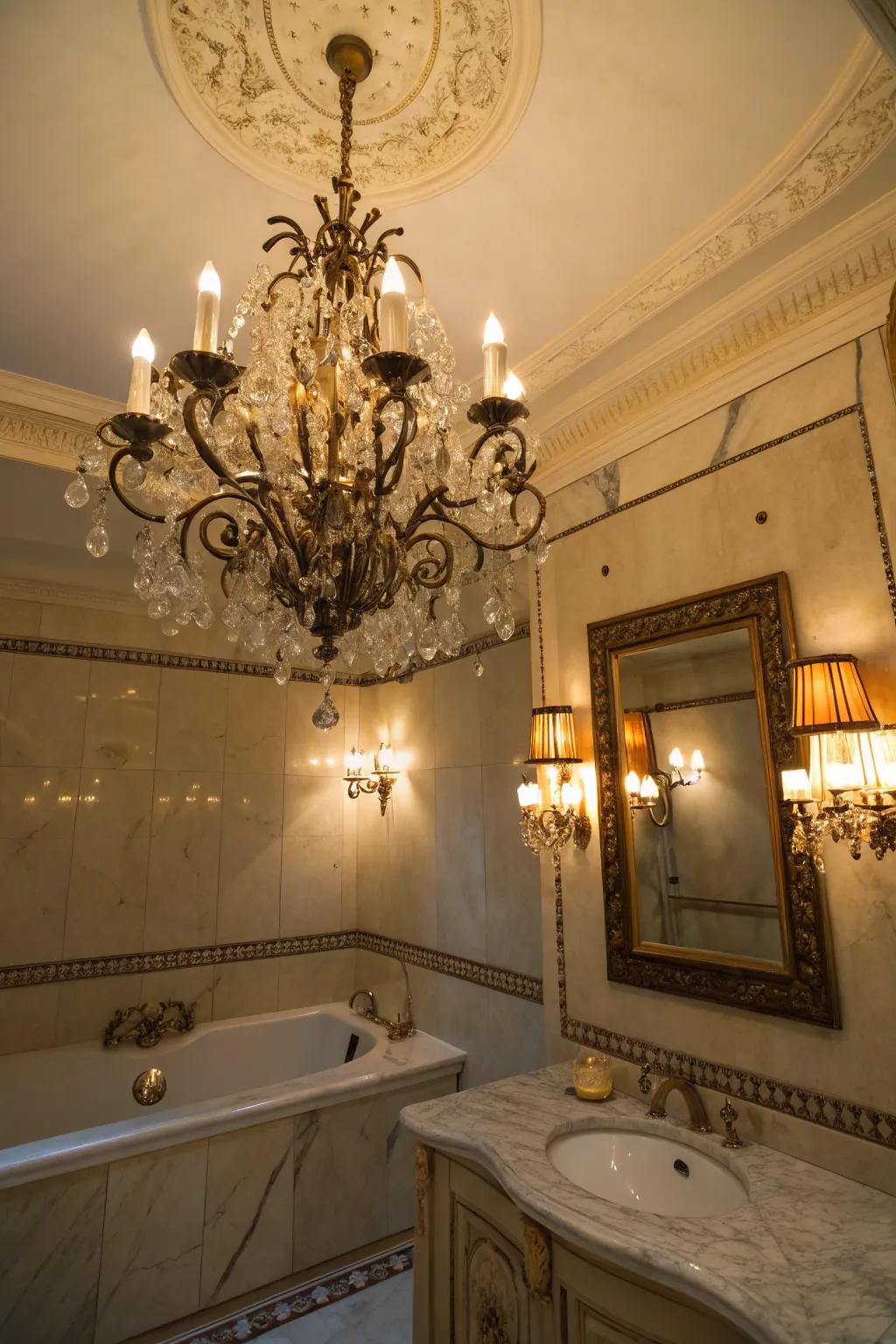 An elaborate chandelier enhances sophistication within the bathroom.