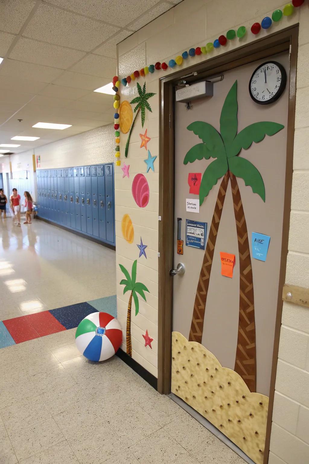 A shoreline-themed learning space doorway featuring sand and foliage.