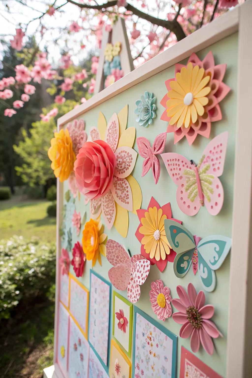 A cheerful spring-inspired bulletin board loaded with 3D flowers and butterflies.