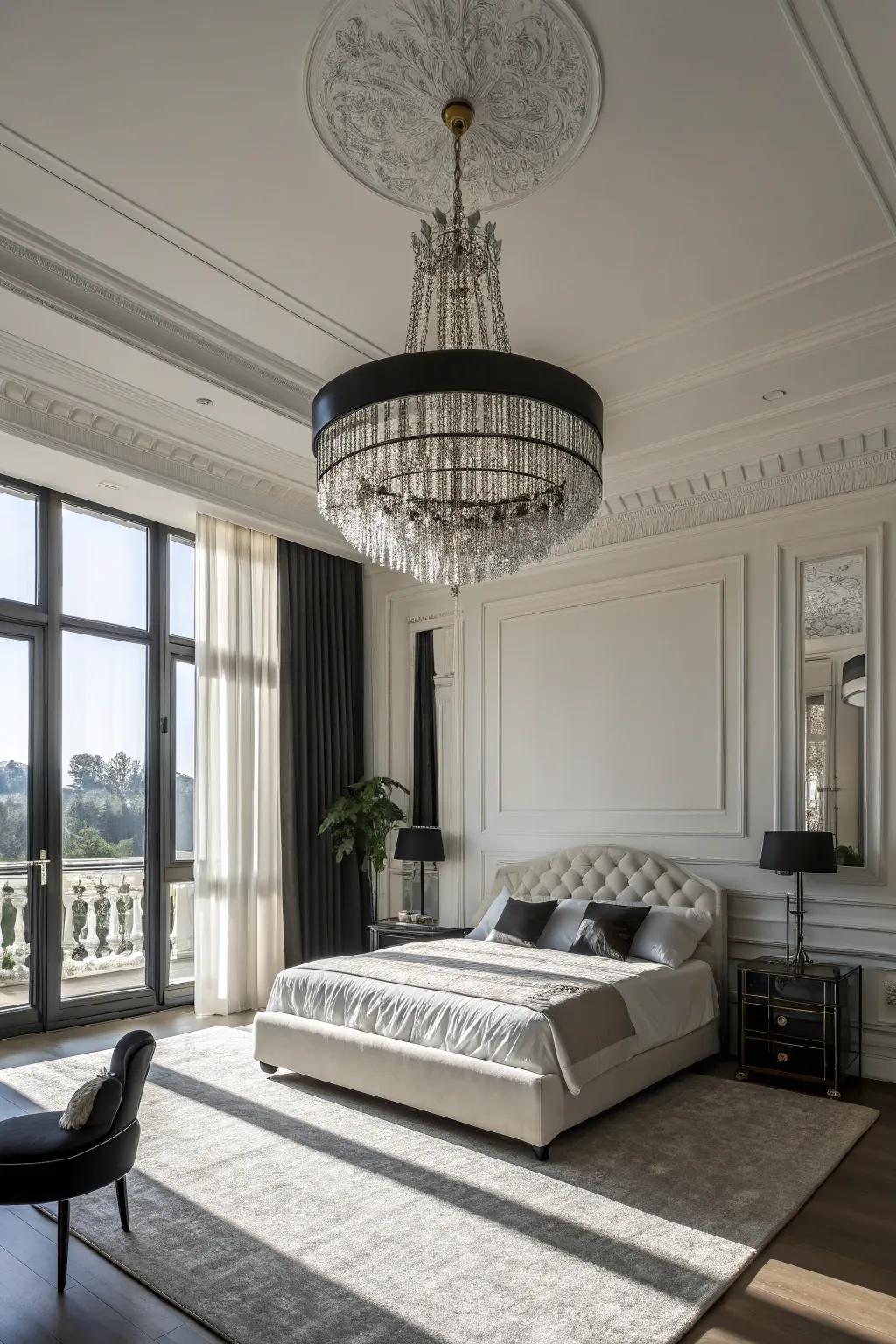 A striking chandelier enhances the elegance of this bedroom.