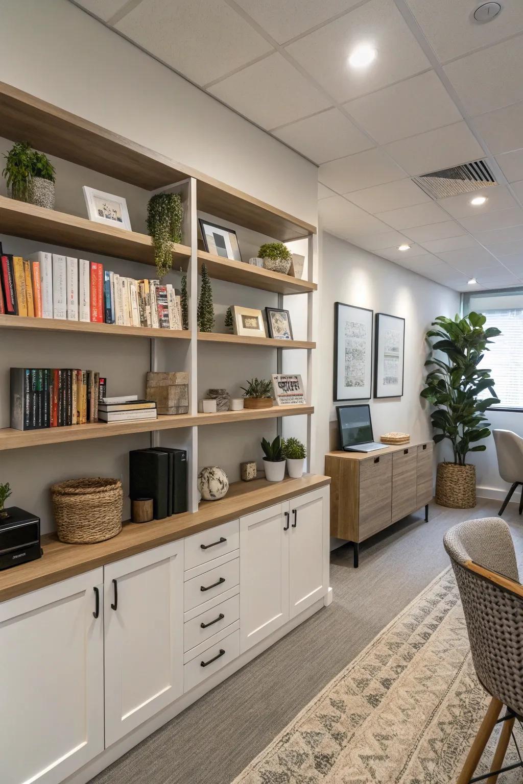 Open shelves bring a sense of refinement while keeping the office neatly organized.